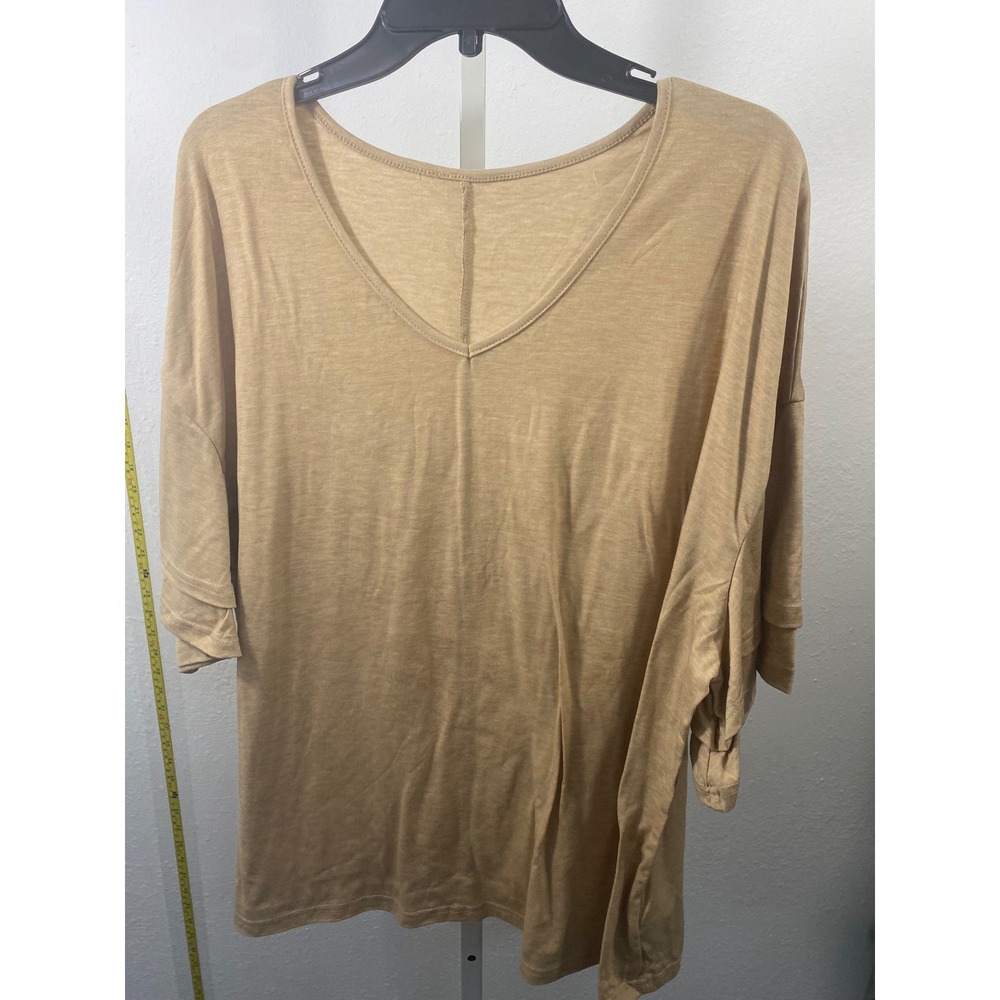 Lush Tan V-Neck Oversized Top Drop Shoulder Ruffle Sleeve Camel Slub Knit XL